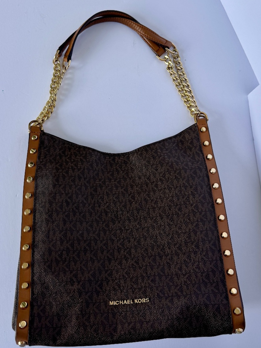 Michael Kors Newbury Brown Signature Studded Chain Shoulder Bag Gold Hardware